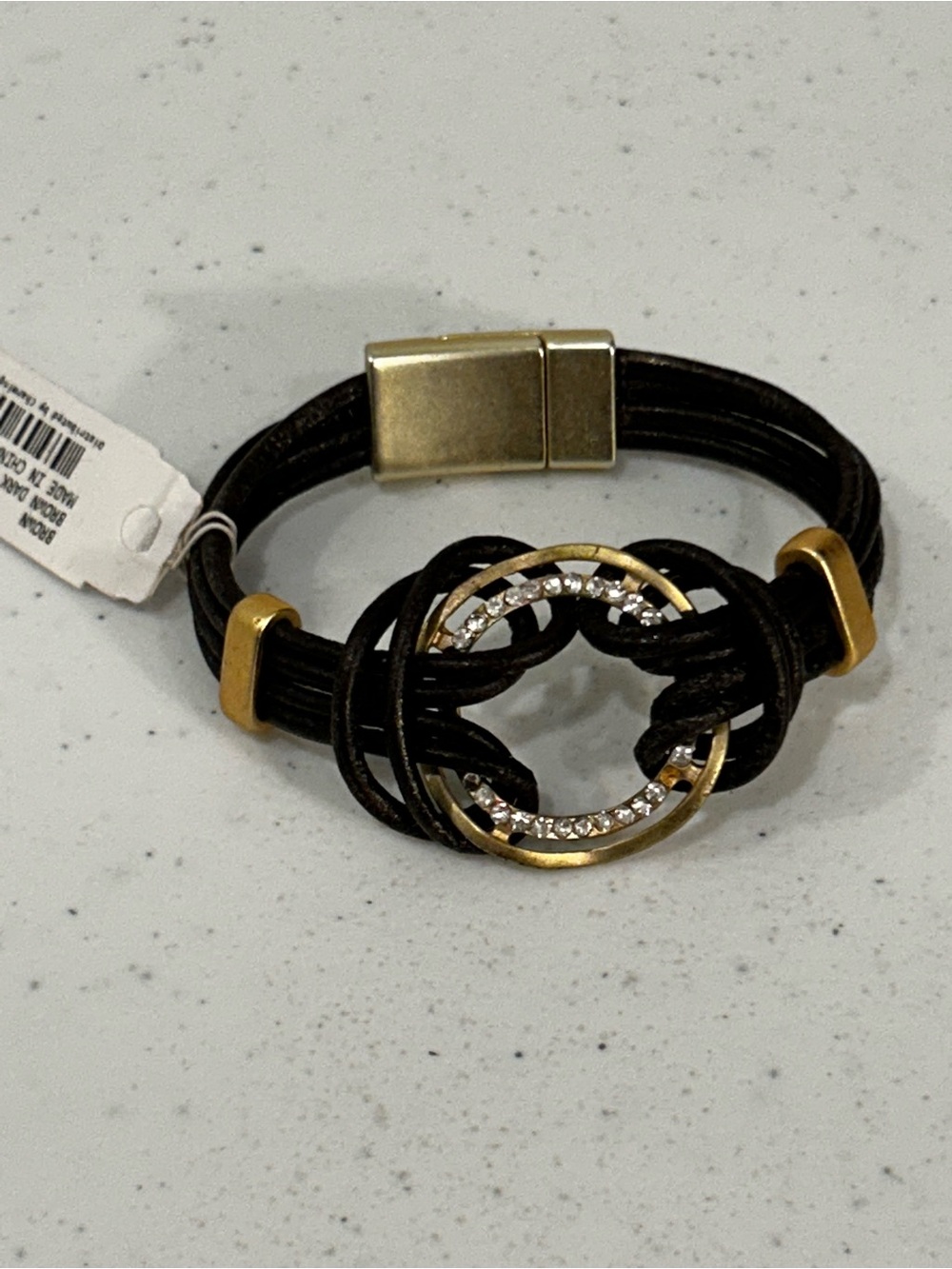 Charming Charlie | Leather Bracelet with Gold Crystal Ring